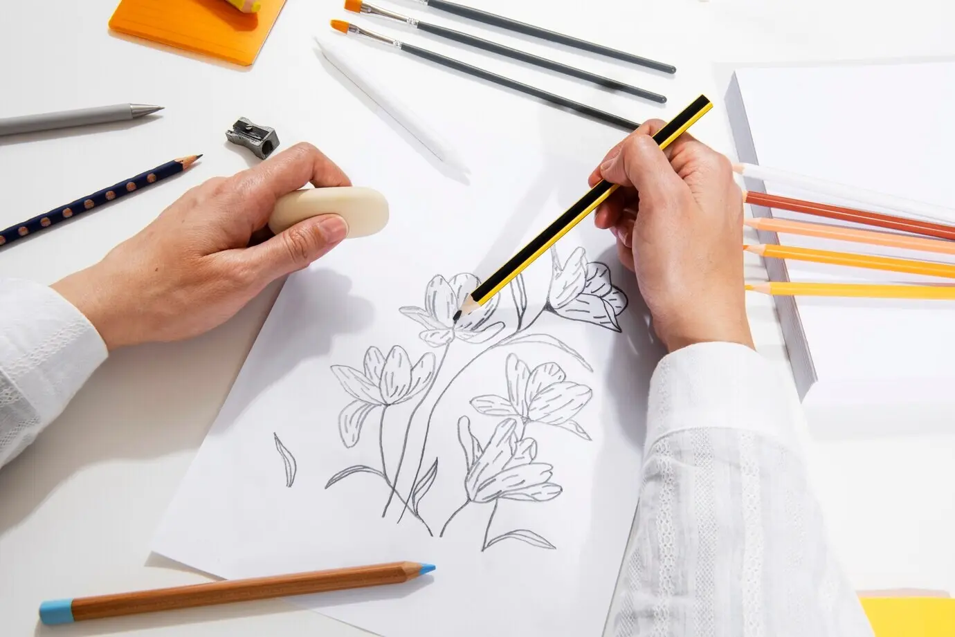 Stillleben einer Anordnung von Werkzeugen eines Illustrators