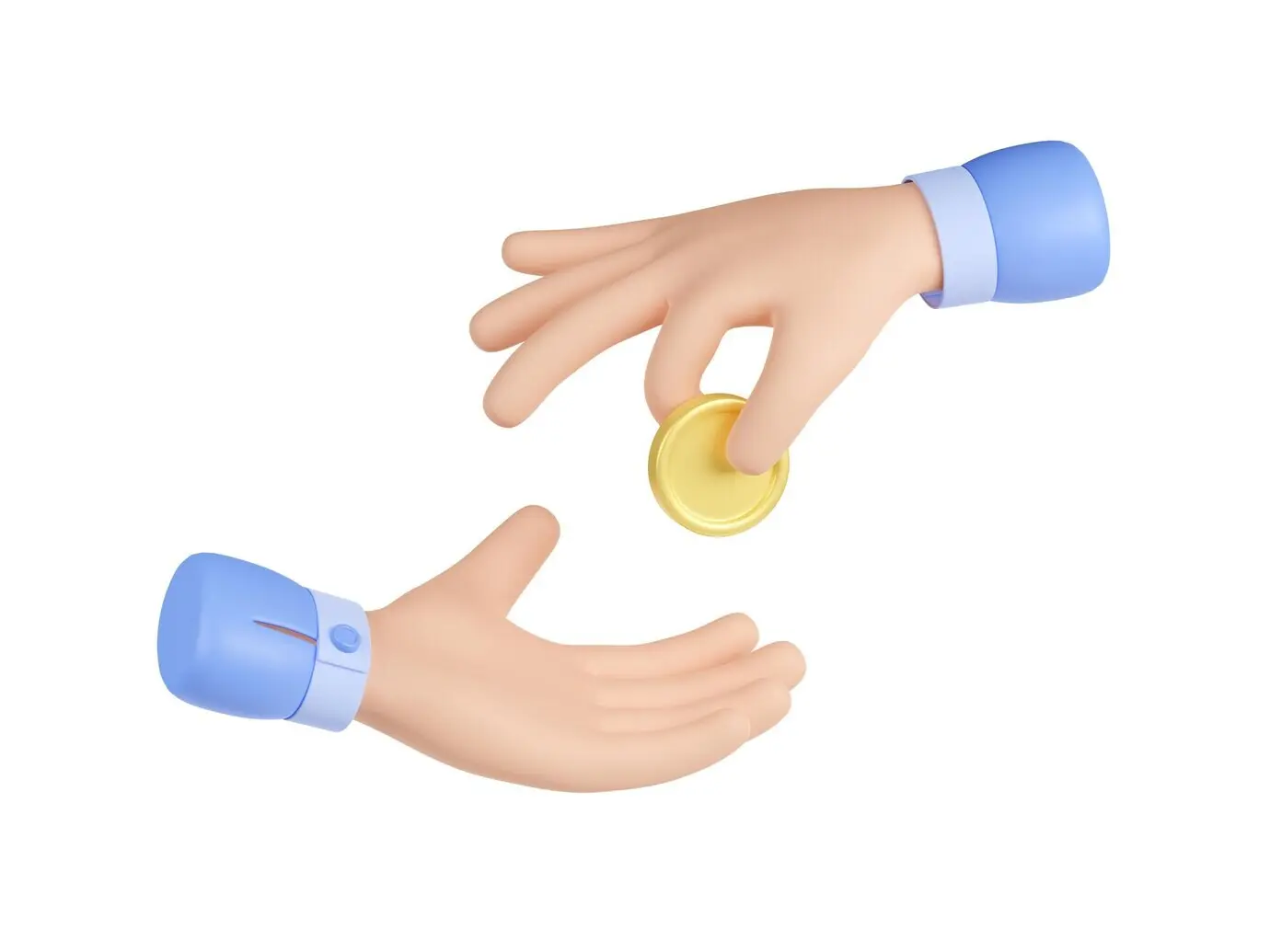 3D-Hand gibt eine Goldmünze in eine leere, offene Handfläche.